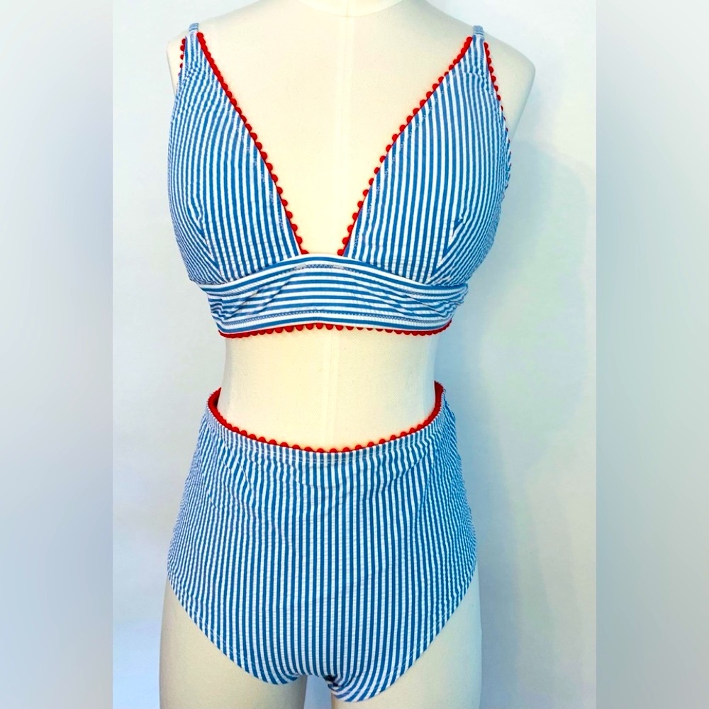 J. Crew Blue and White Retro High-Waisted Bikini